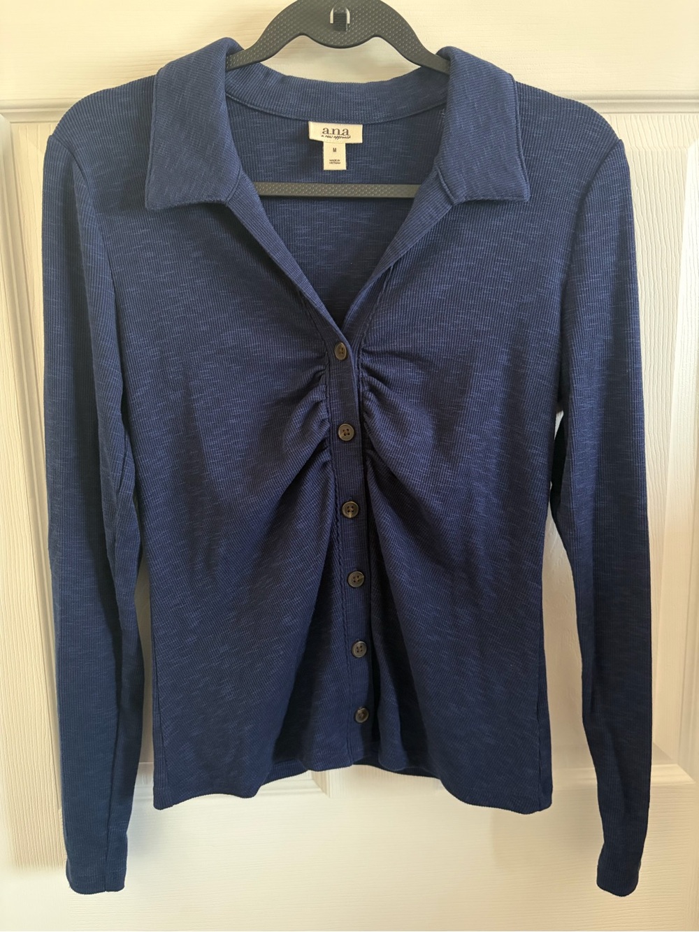 a.n.a Navy Ruched Button-Down Long Sleeve Top
